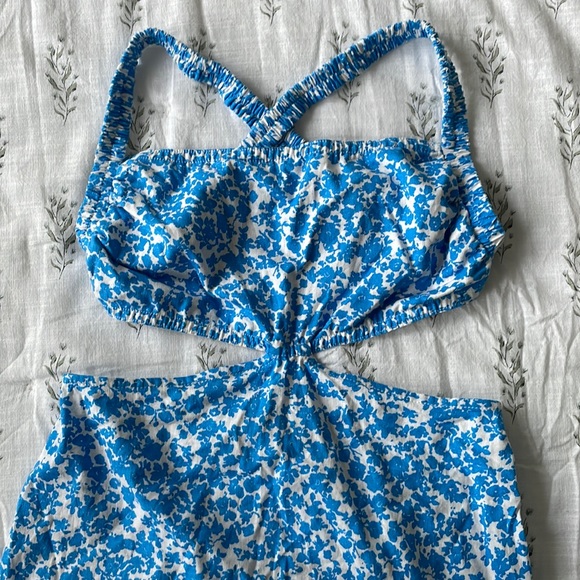 Zara Cutout Midi Linen Blend Dress Blue and White European Floral XS - Picture 5 of 10